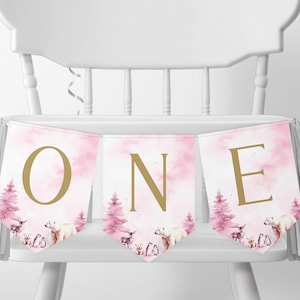 Banderín de trona de invierno de Onederland, banderín de animales del Ártico con oso polar, banderines para fiesta de primer cumpleaños de niño y niña, accesorio imprimible i123