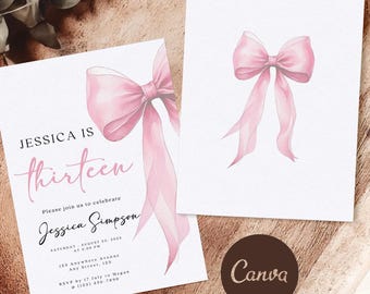 Pink Bow 13th Birthday Invitation: Trendy Coquette Template (Digital)