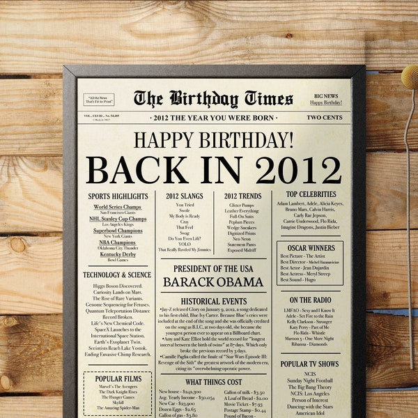 2012 poster, 11th birthday newspaper sign USA, 2012 birthday poster INSTANT DOWNLOAD, 11 years ago back in 2012, 11th birthday decorations