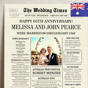 Presente de 65º aniversário de casamento para pais, pôster de jornal australiano de 1960 para impressão, cartão comemorativo de 65 anos da Wedding Times Sapphire