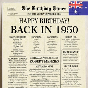 Cartaz de jornal de 75º aniversário na Austrália, placa de nascido em 1950, impressão australiana de 1950, decoração de aniversário de 75 anos atrás, download digital