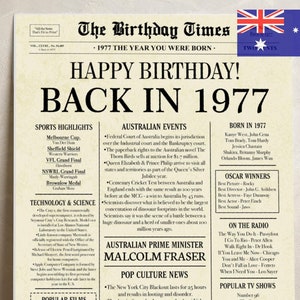 48th birthday newspaper poster back in 1977 printable sign 1977 birthday fun facts 48 years ago digital download file australia birthday
