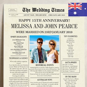 15th anniversary gift for husband, 2010 Australian Newspaper personalise poster, 15th wedding anniversary decorations, gifts for couples