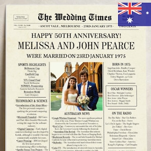 50th anniversary gift for parents 1975 australian newspaper poster golden wedding on this day printable 50 year wedding keepsake