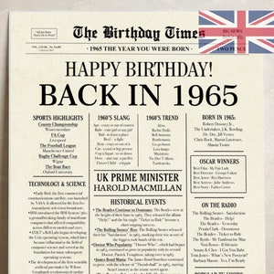60th Birthday Newspaper Poster, Born in 1965, Back in 1965 UK Sign, 60 Years Ago Printable Decor, 60th Party Digital Gift