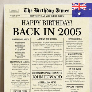 20th birthday newspaper poster back in 2005 printable sign 2005 birthday fun facts 20 years ago digital download file australia birthday
