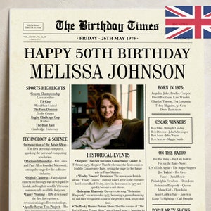 50th Birthday Gift for Men or Women, 1975 UK Newspaper Poster 50th Birthday Sign, 50th Birthday Decoration, 1975 BRITISH Highlights