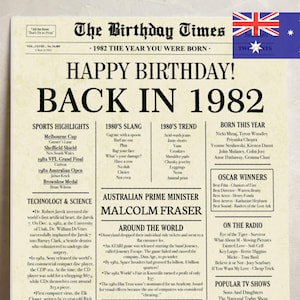 43rd birthday newspaper poster printable gift born in 1982 fun facts digital sign back in 1982 australia birthday decor instant download