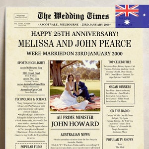 25th anniversary gift for husband, 25th anniversary gift for parents, 2000 anniversary for couples, silver anniversary newspaper for Aussie
