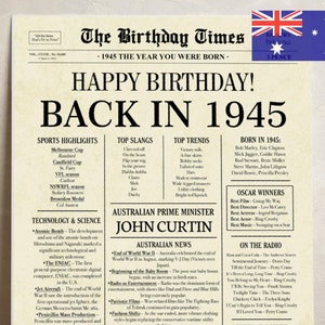 80er Geburtstag Zeitungsplakat 1945 damals druckbares Schild 1945 Geburtstag lustige Fakten vor 80 Jahren digitaler download Datei Australien Geburtstag