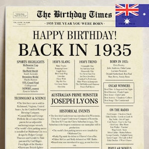 90e verjaardag krantenposter terug in 1935 afdrukbaar bord 1935 verjaardag leuke weetjes 90 jaar geleden digitaal downloadbestand australië verjaardag