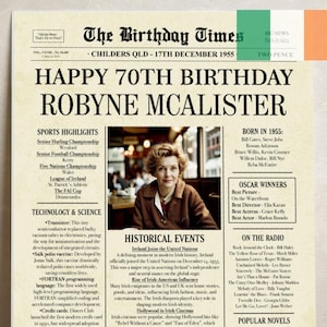 JORNAL de 70º aniversário, 70º aniversário Irlanda, presente de 70º aniversário para homens ou mulheres, pôster de 70º aniversário, decoração de 70º aniversário para Irlanda