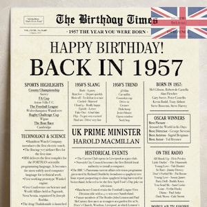 68th Birthday Newspaper Poster Back in 1957 Printable Sign 1957 Birthday Fun Facts 68 Years Ago UK Digital Download