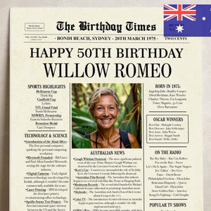 Australian 50th Birthday Newspaper poster gift, 1975 Personalized Printable, 1975 Australian facts, 50th Birthday Decoration Back in 1975