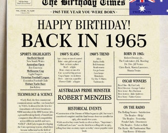 60th Birthday Newspaper Poster, Born in 1965, Back in 1965 Australia Sign, 60 Years Ago Printable Decor, 60th Party Digital Gift