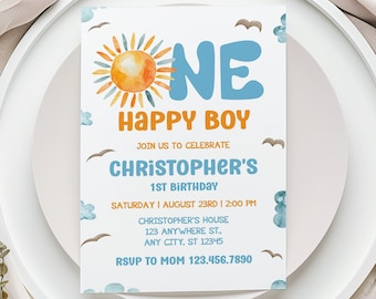 One Happy Boy Einladung zum 1.Geburtstag: Telefon einladen (Digitaler Download)