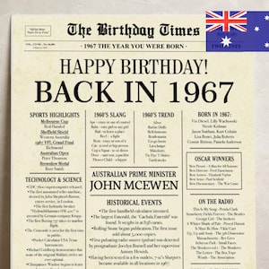 58th birthday newspaper poster back in 1967 printable sign 1967 birthday fun facts 58 years ago digital download file australia birthday