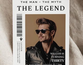 Invito per il 30° compleanno di Man Myth Legend: modello Canva modificabile (download digitale)