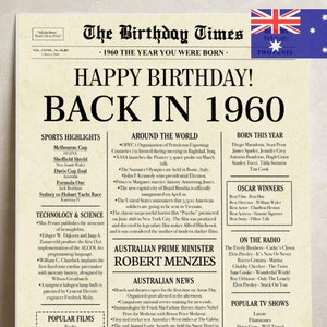 65th Birthday Newspaper Poster, Born in 1960, Back in 1960 Australia Sign, 65 Years Ago Printable Decor, 65th Party Digital Gift
