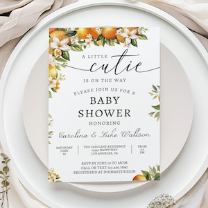 Editable A Little Cutie is on the Way Greenery Orange Gender Neutral Couples Baby Shower Invitation Invites Template Instant Download