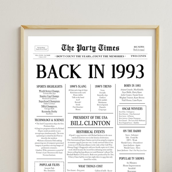 1993 30th Birthday | Back in 1993 | Last Minute Gift | Fun Facts 1993 | 30th Birthday PRINTABLE Poster Sign | Instant Download