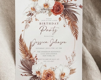 Terracotta Floral 60th Birthday Invitation: Elegant Boho Canva Template (Digital Download)