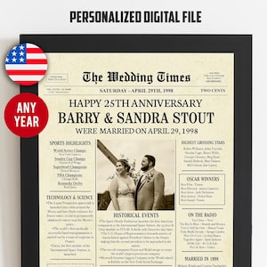 25th wedding anniversary gift for couple, 25th anniversary gifts for husband, 25 year wedding anniversary gift, 1998 anniversary newspaper