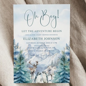 Editable Let the Adventure Begin, Woodland Baby Shower Invitation , Boy Adventure Baby Shower Invite, Forest Baby Shower - i125