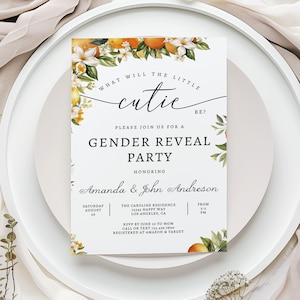 Editable Orange Gender Reveal Party Invitation A Little Cutie is on the Way Citrus Gender Reveal Invites Template Instant Download - I104