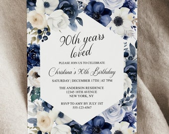Navy Blush Floral 90th Birthday Invitation (Printable)