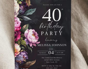 Burgundy Floral 40th Birthday Invitation Template: Elegant Peony Design (Digital Download, Canva Edit)