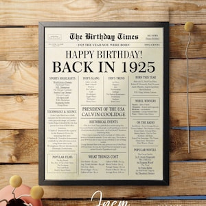 1925 Birthday Newspaper Poster: 100th Birthday Sign (Instant Download)