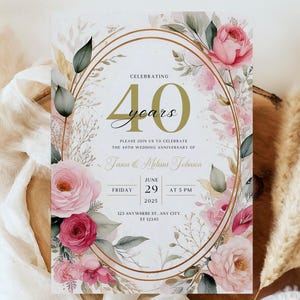 40. Jahrestag Party Einladung, 45., 50., 60., 70., Blush Pink Canva Vorlage 13x20 Geburtstagseinladung & Evite digitale Einladung