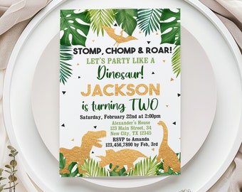 Dinosaur 2nd Birthday Invitation: Two Wild Party, Roar Invite (Instant Download)