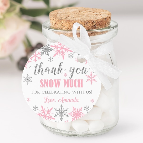 Winter Onederland Favor Tags, Thank You Tags, Snowflakes Gift Tags Winter Onederland Birthday Girl Decorations Pink Silver Editable Template