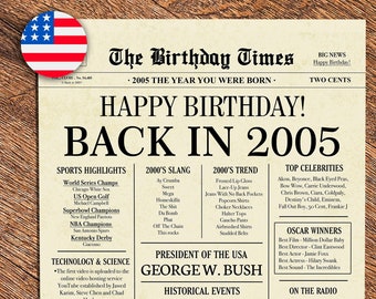 2005 poster for US version, 18th birthday newspaper sign, 2005 birthday poster, 18 years ago back in 2005 PRINTABLE, 18th birthday decor