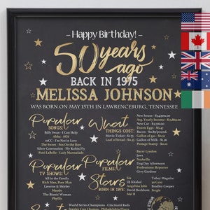Póster de 50 cumpleaños de 1975, regalo personalizado de 50 cumpleaños, letrero de cumpleaños nacido en 1975, revisión del año 1975, decoración de cumpleaños
