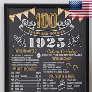 Cartaz de aniversário de 100 anos dourado, quadro de aniversário de 1925, nascido em 1925, decoração dourada vintage para impressão, download digital, ideia para presente