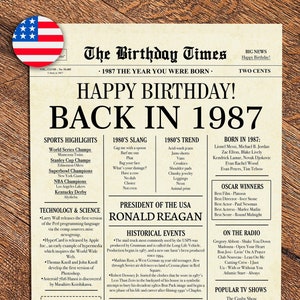 Back in 1987, 36th Birthday Newspaper Sign, 1987 Birthday Poster ...