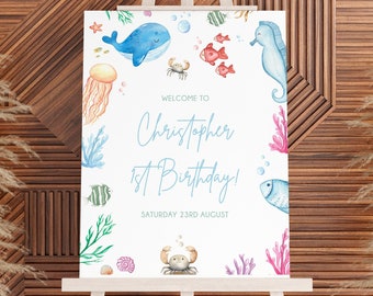 Under the Sea Birthday Welcome Sign: Ocean Animals, Blue Purple (Printable)