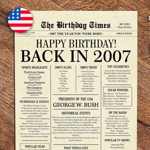 Pôster de 2007, placa de jornal de 16º aniversário nos EUA, pôster de aniversário de 2007 DOWNLOAD INSTANTÂNEO, 16 anos atrás em 2007, decorações de 16º aniversário