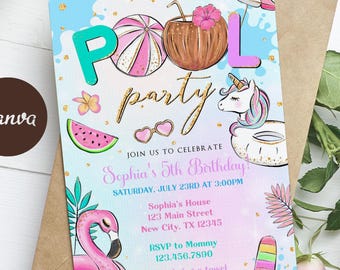 Pool Party Invitation Girl, Pool Party Unicorn Invitation Instant Download, Swimming Party Invite, Canva Editable Template