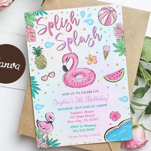 Flamingo Birthday Invitation, Splish Splash Birthday Invitation, Flamingo Pool Party Invitation Girl Instant Download Editable Template