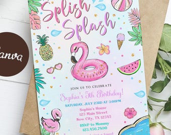 Flamingo Pool Party Invitation: Splish Splash Birthday (Digital Download)