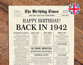 Back in 1942 United Kingdom | 81st Birthday Newspaper Sign | 1942 Birthday Poster UK | 81st Birthday Gift | 81 years ago back in 1942