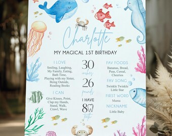 May include: A colorful first birthday chart for a baby girl named Charlotte. The chart features a blue whale, a seahorse, a crab, and other sea creatures. It includes details like her height, weight, favorite foods, and first word. The chart is decorated with a watercolor style.