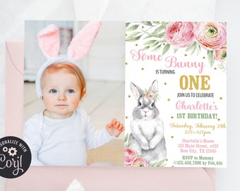 May include: A pink and green invitation for a first birthday party with a bunny rabbit illustration. The invitation says "Some Bunny is Turning One" and includes the name Charlotte. The invitation also includes the date, time, and location of the party.