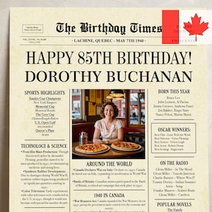 Affiche imprimable du 85e anniversaire du journal des années 1940, Canada, cadeau de 85e anniversaire, retour en 1940, décorations de fête d'anniversaire, faits amusants au Canada