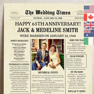 65th Wedding Anniversary Gift for Parents, 1960 Anniversary Newspaper Poster, 65th Anniversary Gifts, Printable Digital Download