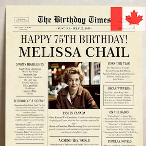 1950 birthday newspaper 75th printable poster canada 75th birthday gift back in 1950 birthday party decorations canadian fun facts
